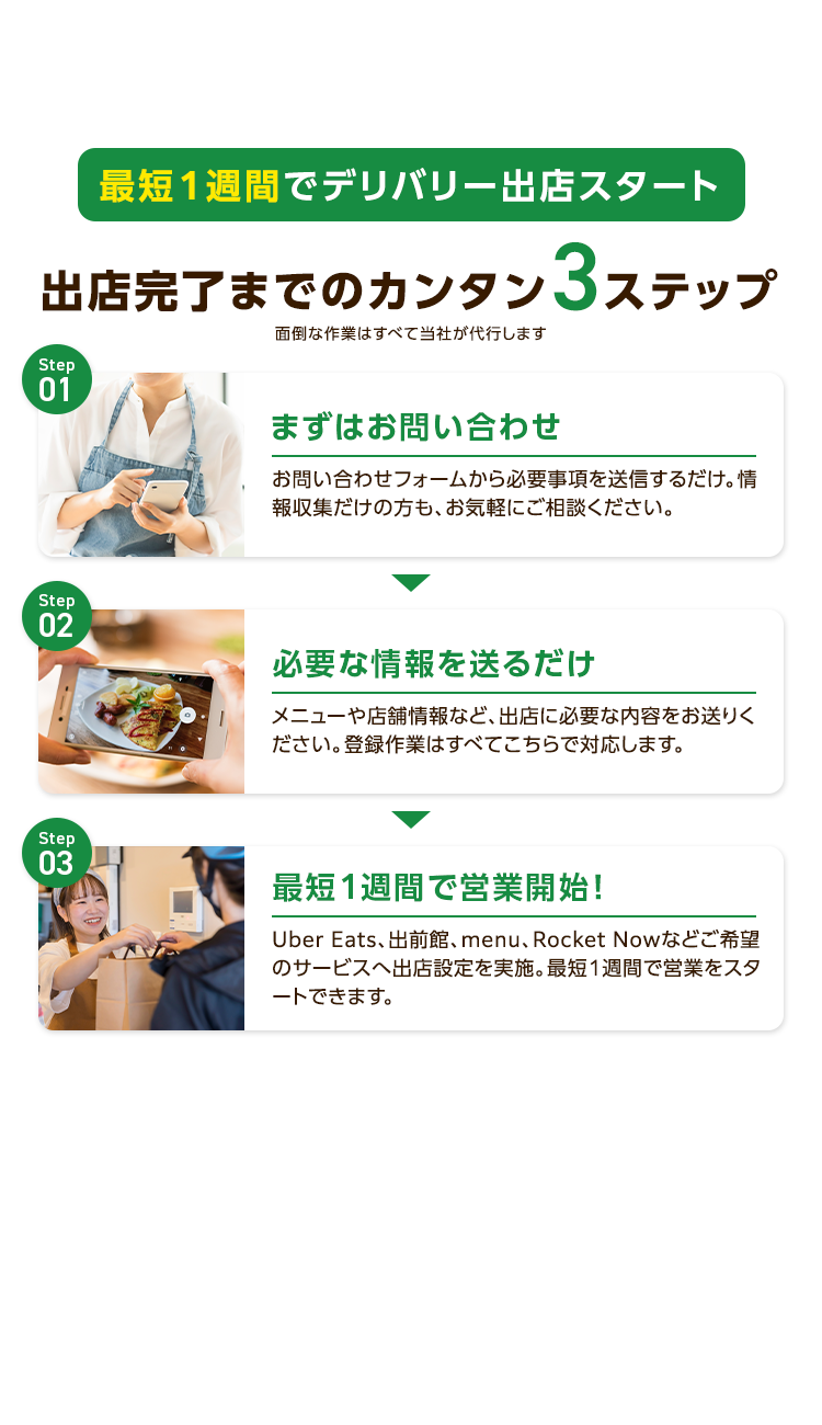 最短1週間でデリバリー出店スタート
出店完了までのカンタン3ステップ
Step
01
Step
02
Step
03
面倒な作業はすべて当社が代行します
まずはお問い合わせ
お問い合わせフォームから必要事項を送信するだけ。 情
報収集だけの方も、お気軽にご相談ください。
必要な情報を送るだけ
メニューや店舗情報など、 出店に必要な内容をお送りく
ださい。 登録作業はすべてこちらで対応します。
最短1週間で営業開始!
Uber Eats、 出前館、 menu、 Rocket Now などご希望
のサービスへ出店設定を実施。 最短1週間で営業をスタ
ートできます。