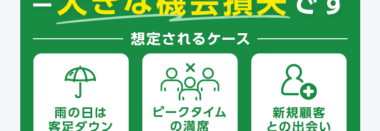 デリバリー未導入
=大きな機会損失です
想定されるケース
雨の日は
客足ダウン
ピークタイム
の満席
新規顧客
との出会い
どうやって
始めればいいか
分からない
でも...
システム導入が複雑
めんどくさそう
注文の管理って、
難しそう
利益が出る
メニューの
価格設定は?
